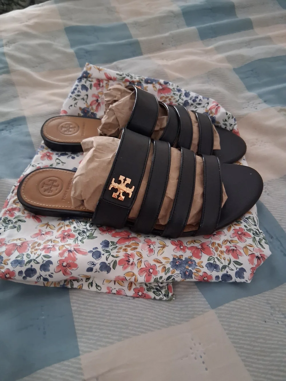 Tory Burch Black Multi-Strap Slide Sandals with Gold Emblem